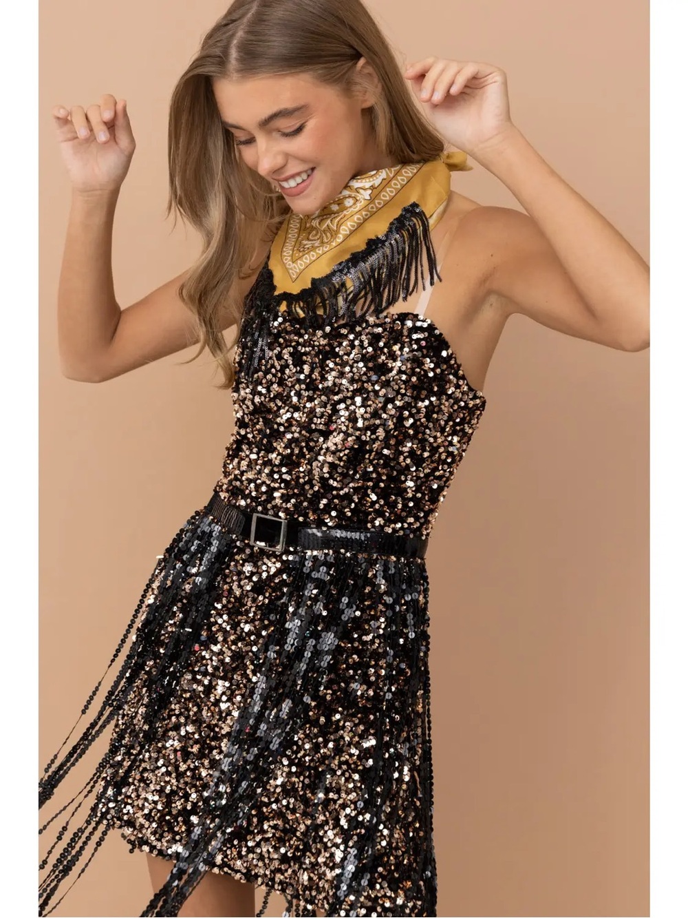P-021 Blue B Sequin Faux Belt Sequin Fringe Strap Mini Dress